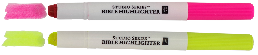 Two Bible highlighters, one pink and one yellow, with visible brand name on a white background.