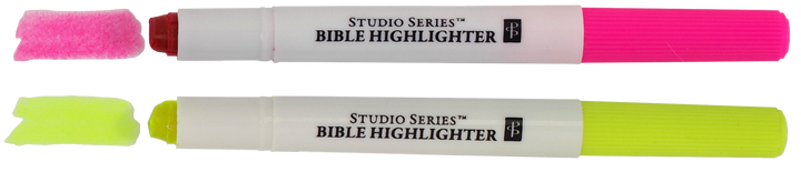 Two Bible highlighters, one pink and one yellow, with visible brand name on a white background.
