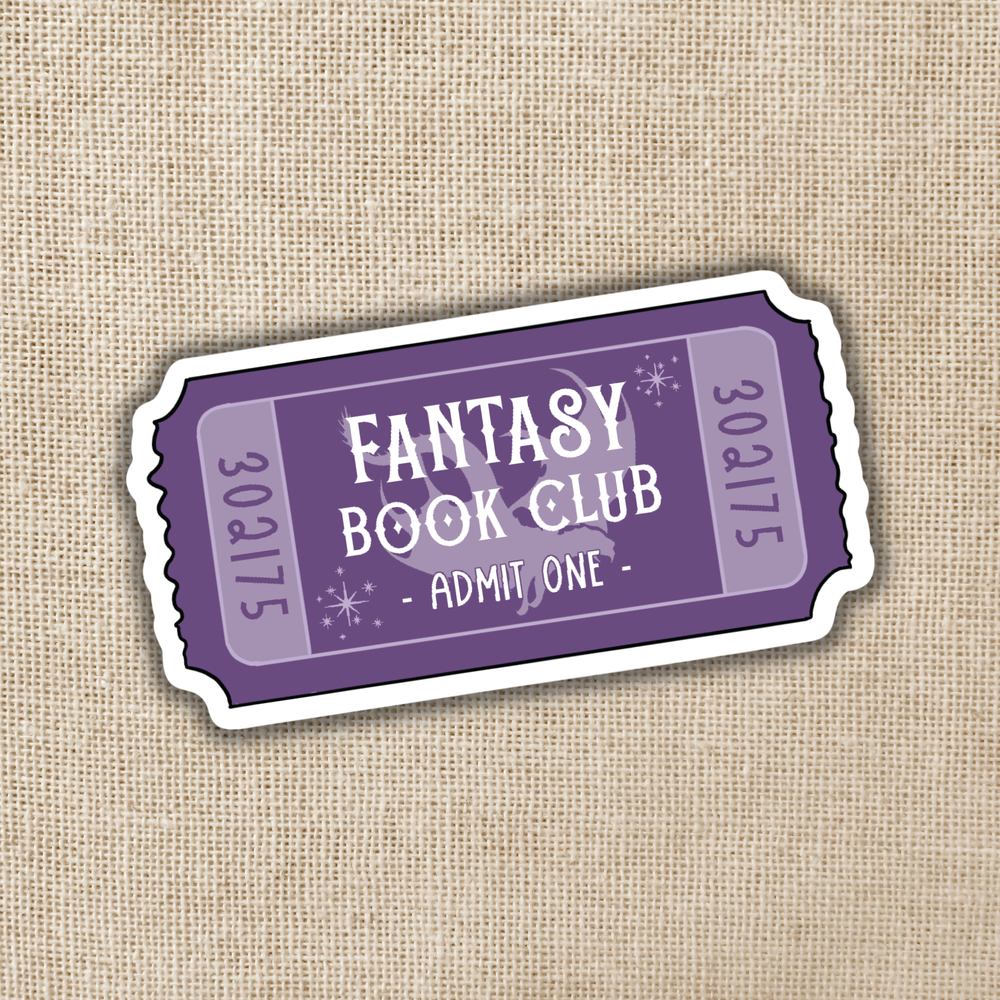 Purple ticket-style sticker for Fantasy Book Club on a textured beige background