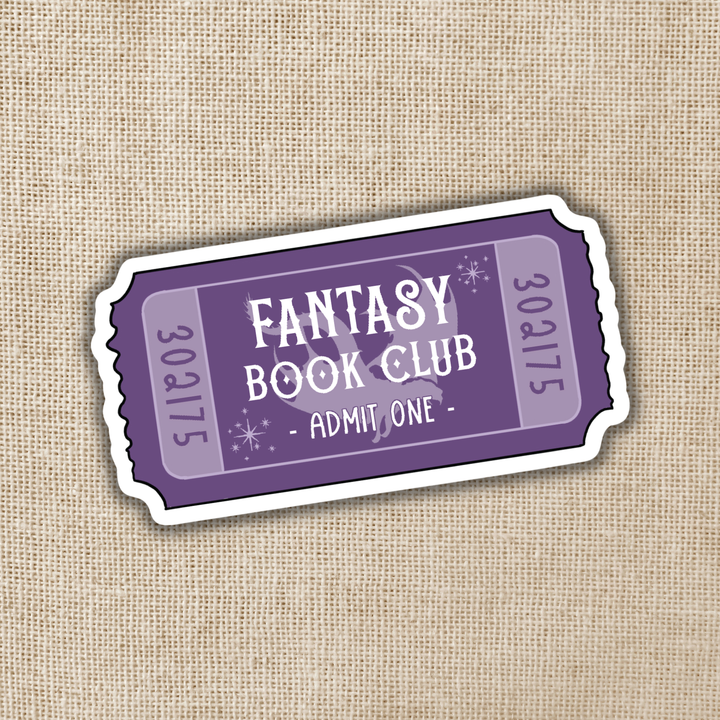 Purple ticket-style sticker for Fantasy Book Club on a textured beige background