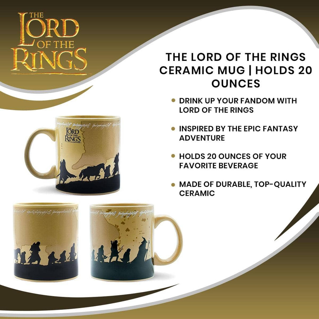Lord of the Rings ceramic mug with branding and product details on a decorative background