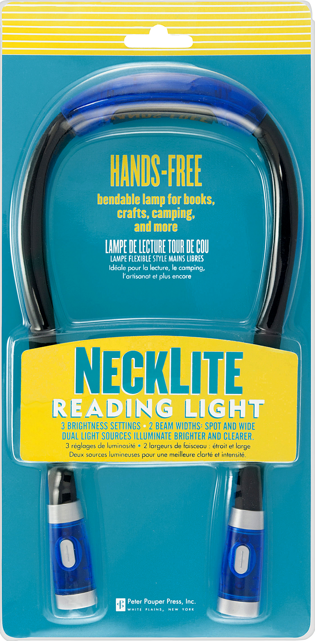 NeckLite reading light packaging with blue and black design on a yellow background