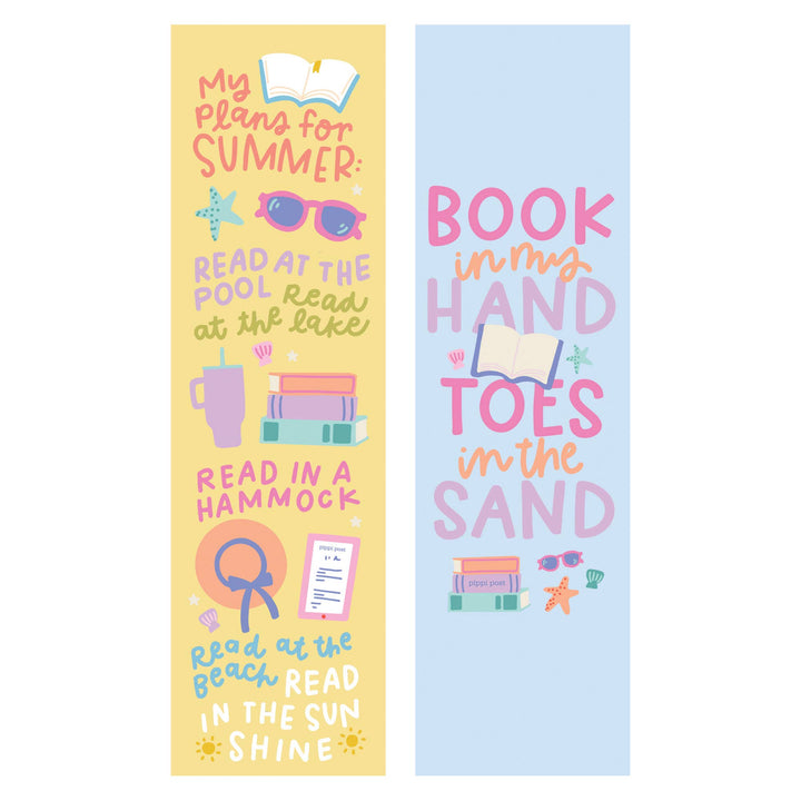 Two colorful bookmarks with summer-themed text and graphics on a white background.