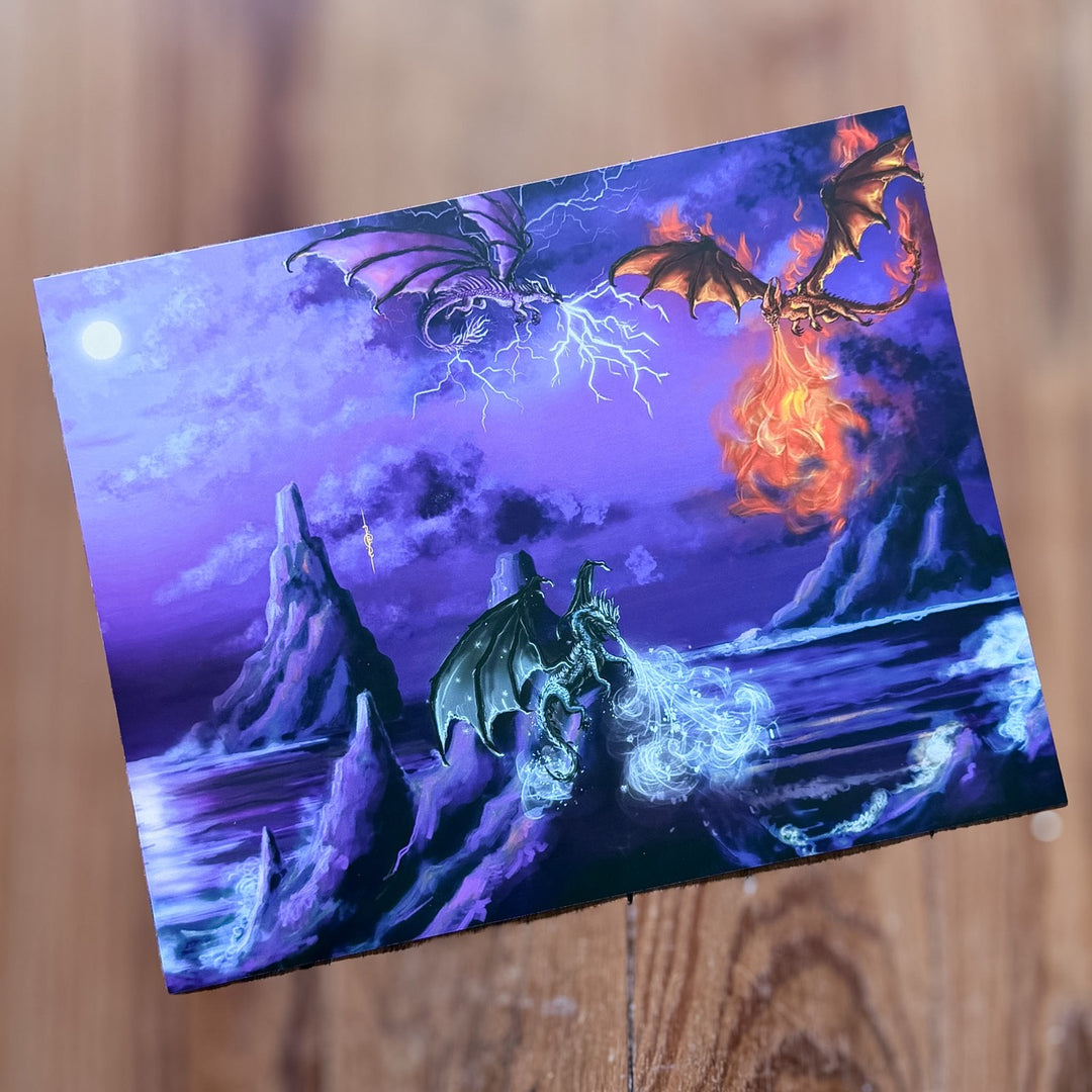 Three dragons in a fantasy scene with lightning, fire, and water on a wooden surface.