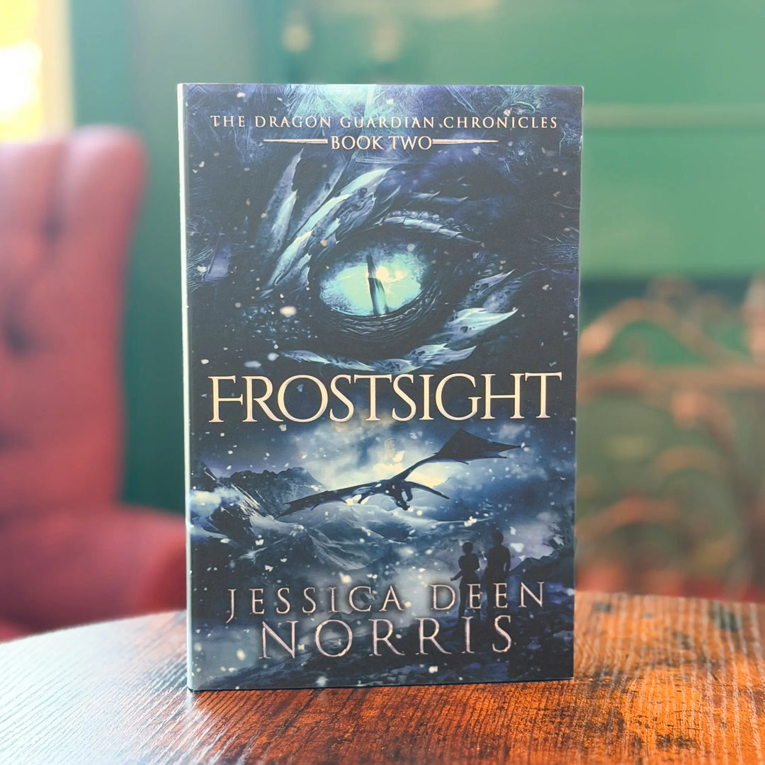 Book titled 'Frostsight' by Jessica Deen Norris on a wooden surface with a blurred background