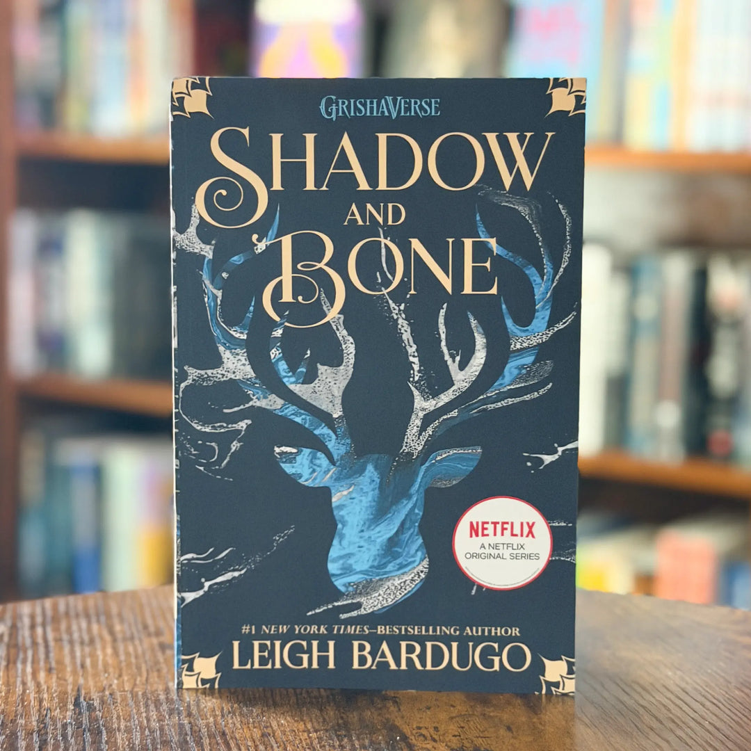Book titled 'Shadow and Bone' by Leigh Bardugo with Netflix logo on a blurred bookshelf background