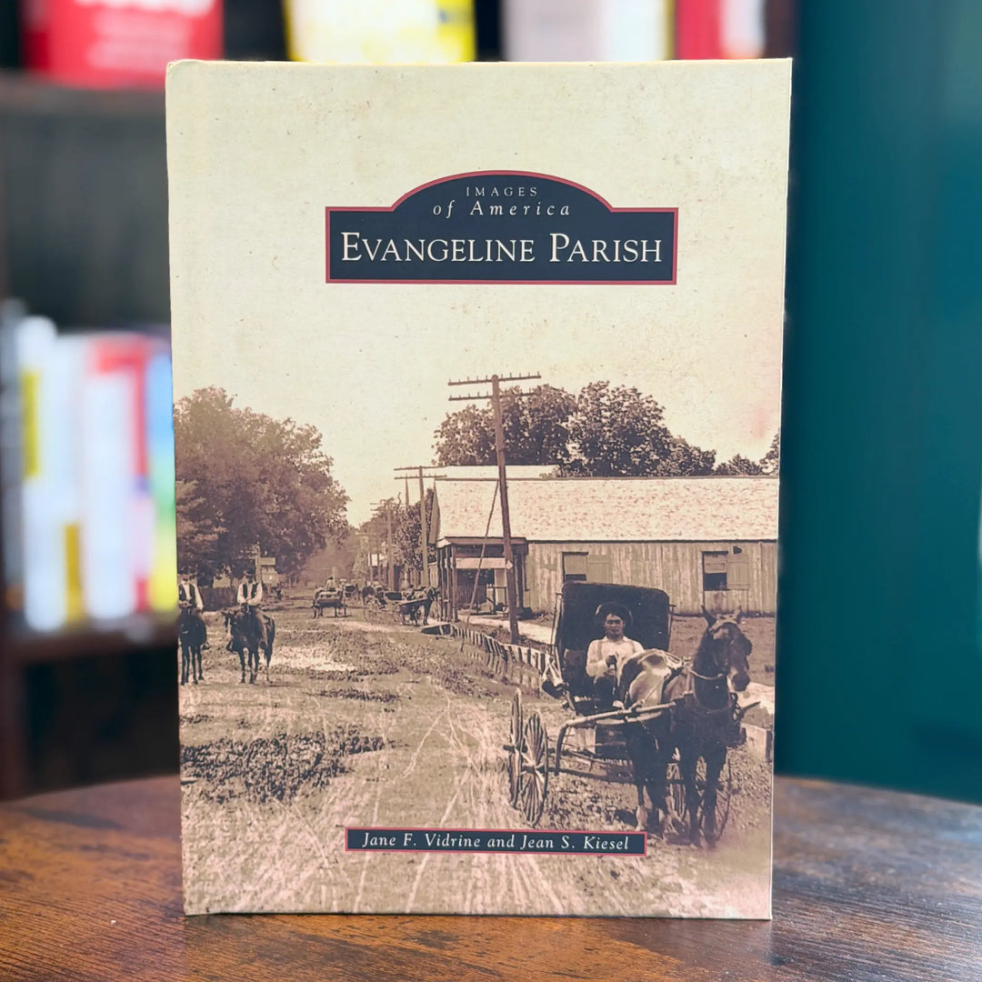 Book titled 'Evangeline Parish' with a vintage-style cover featuring a horse-drawn carriage and people on a street.