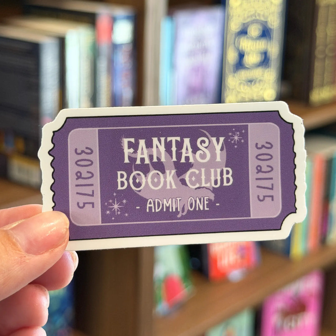 Ticket-style card for Fantasy Book Club held in front of a bookshelf with books.
