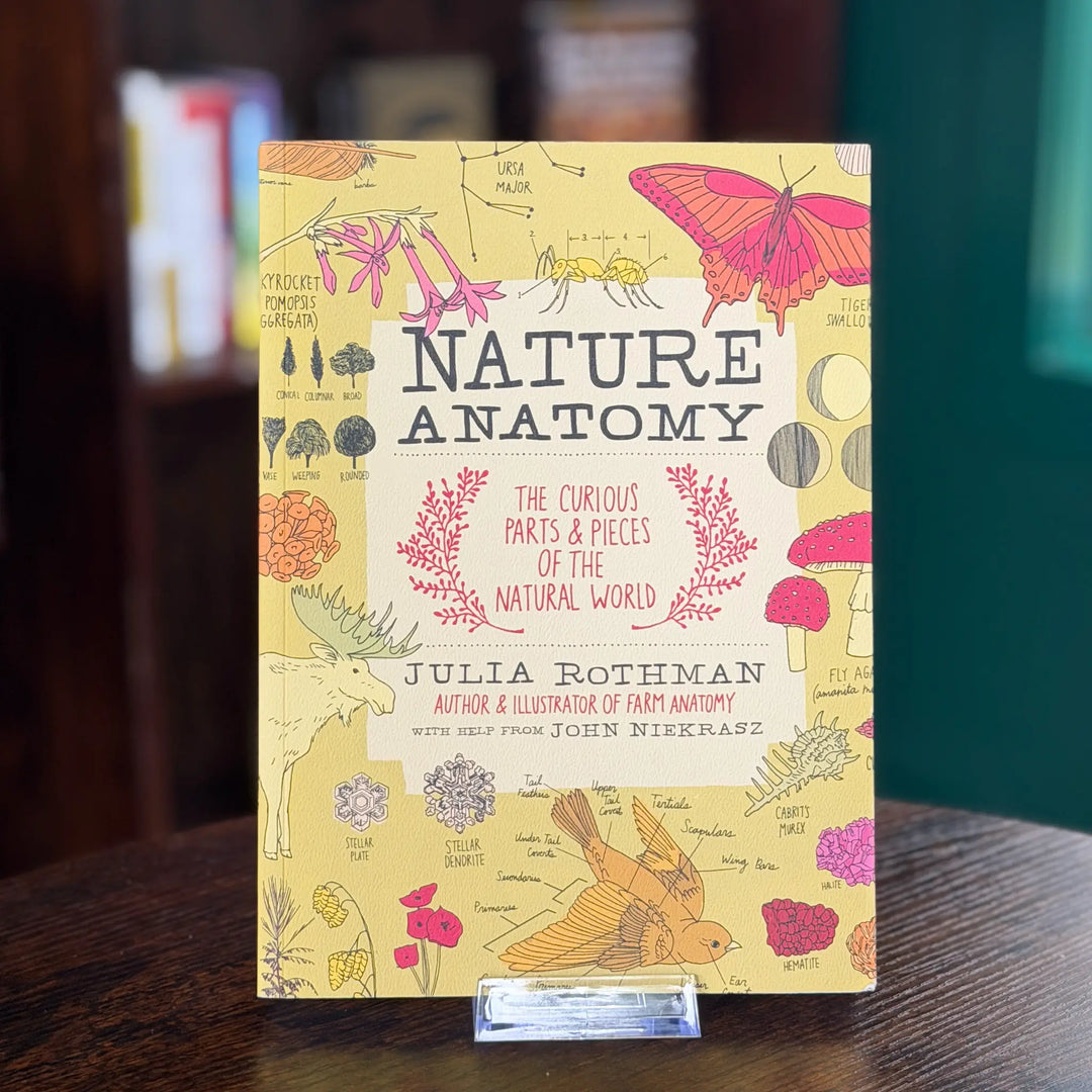 Book titled 'Nature Anatomy' by Julia Rothman on a wooden surface with a blurred background