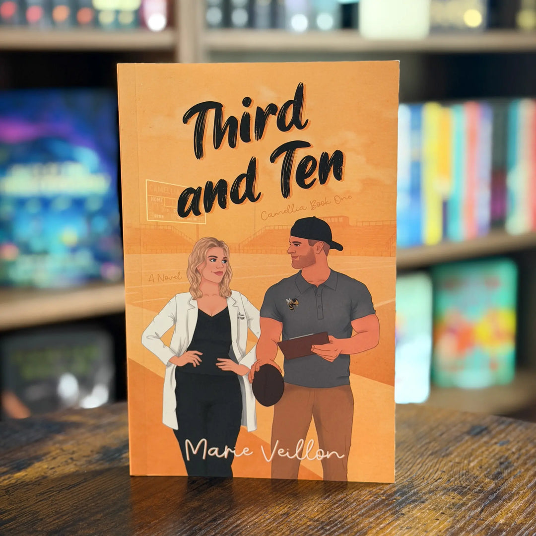 Book cover of 'Third and Ten' with illustrations of two people on an orange background.