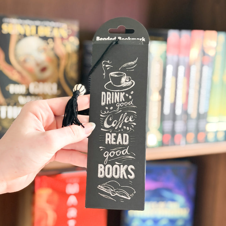 Black bookmark with white text and design elements