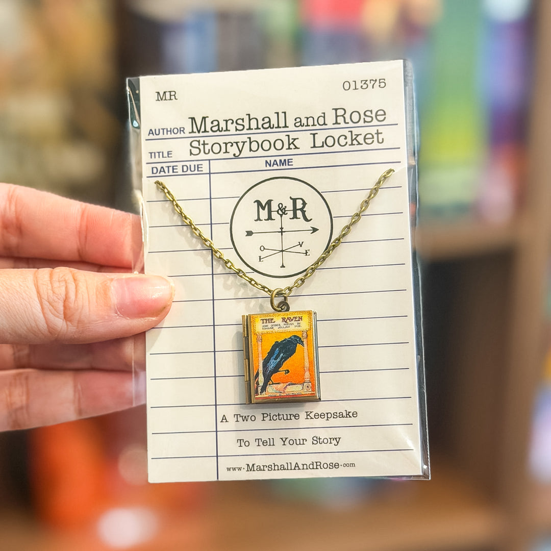 Storybook Locket with 'M' and 'R' on a library card-style card
