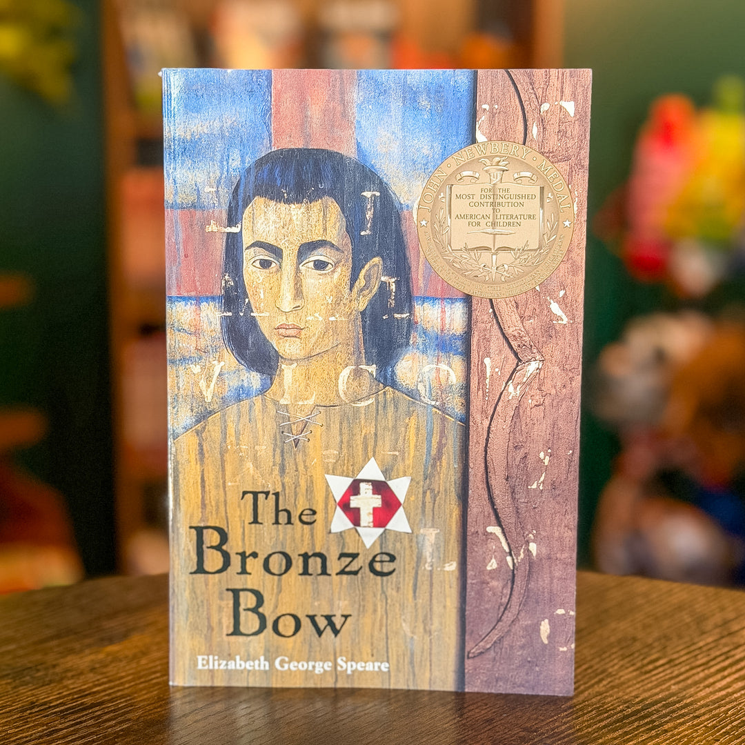 The Bronze Bow book by Elizabeth George Speare, featuring a rustic, multi-colored wood-grain cover design with a portrait illustration and a gold seal, displayed on a wooden table with a blurred background.