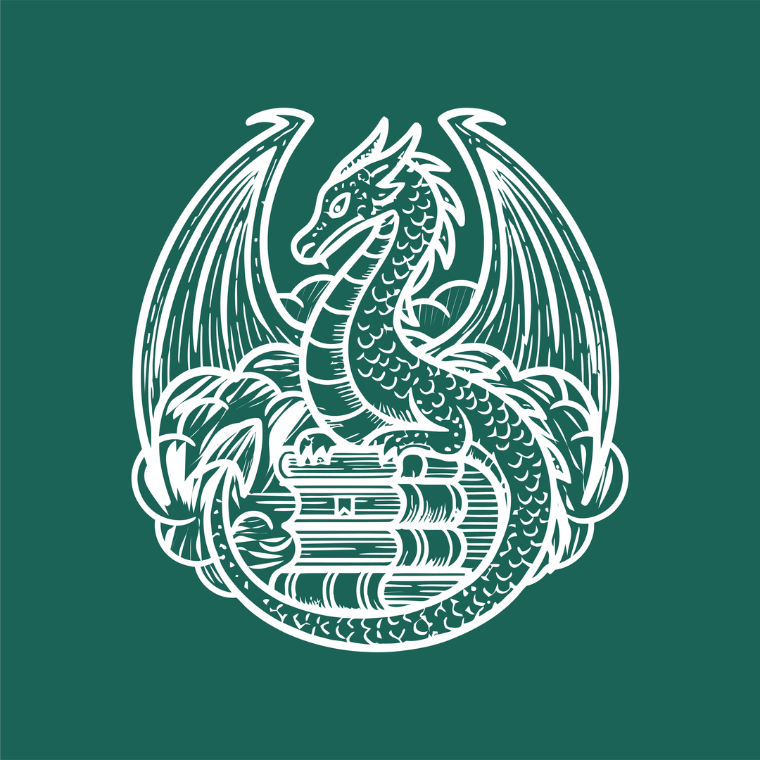 White dragon design on a green background