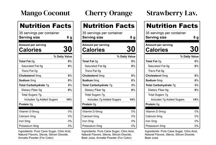 Nutrition facts labels for Mango Coconut, Cherry Orange, and Strawberry Lavender products.