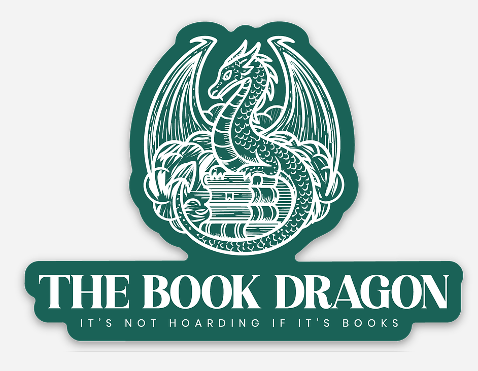 Logo of 'The Book Dragon' with a dragon holding books on a green background