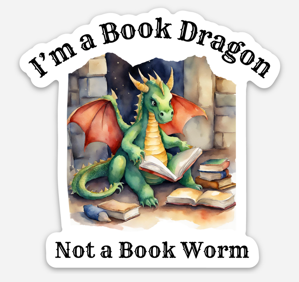Sticker with a dragon reading a book and text 'I'm a Book Dragon Not a Book Worm' on a white background.
