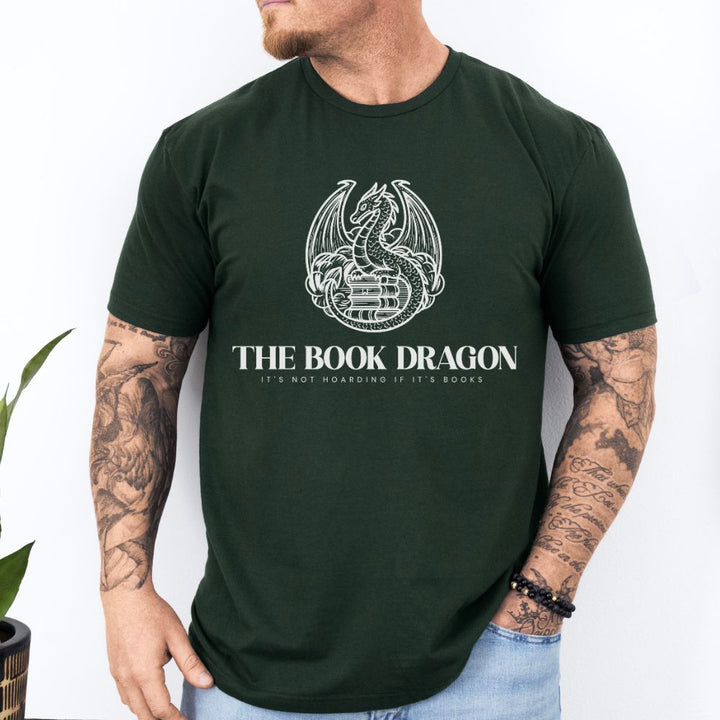 Person wearing a dark green t-shirt with &