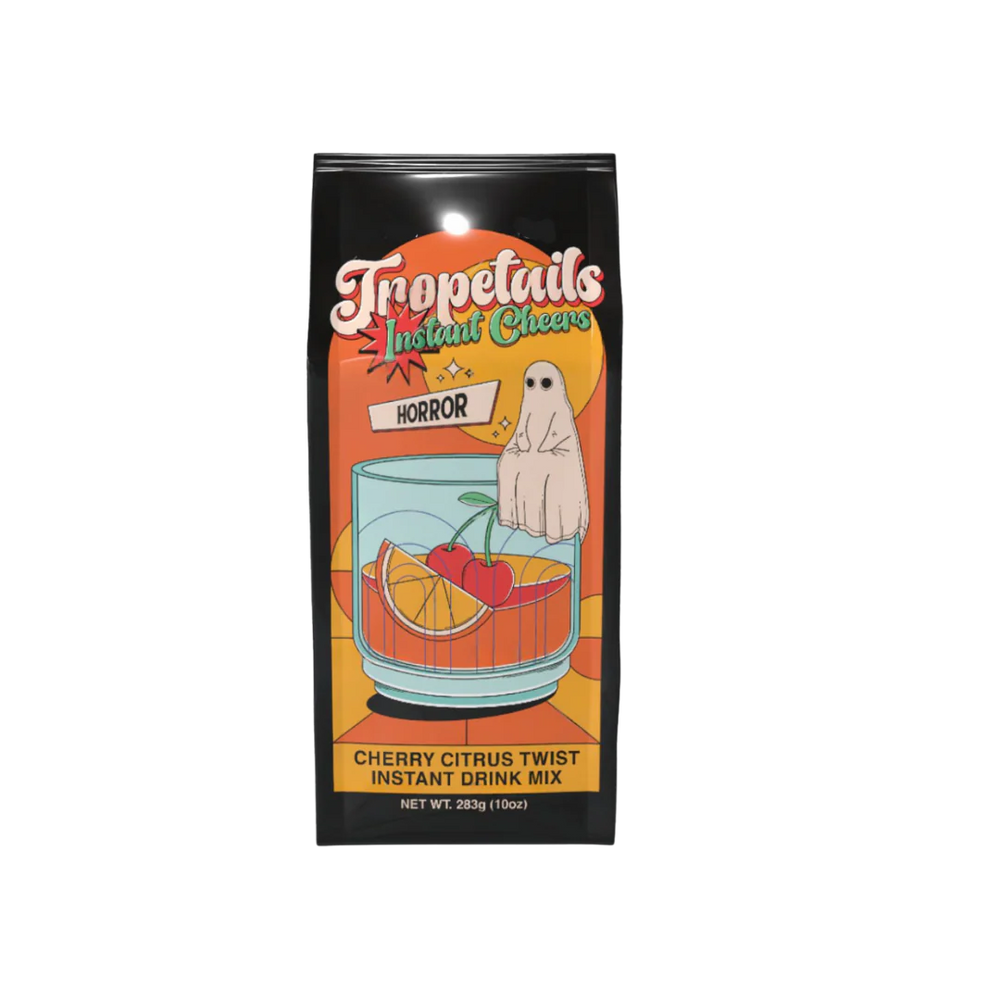 Tropetails Instant Cheer drink mix package with a ghost hand reaching into a glass of fruit.