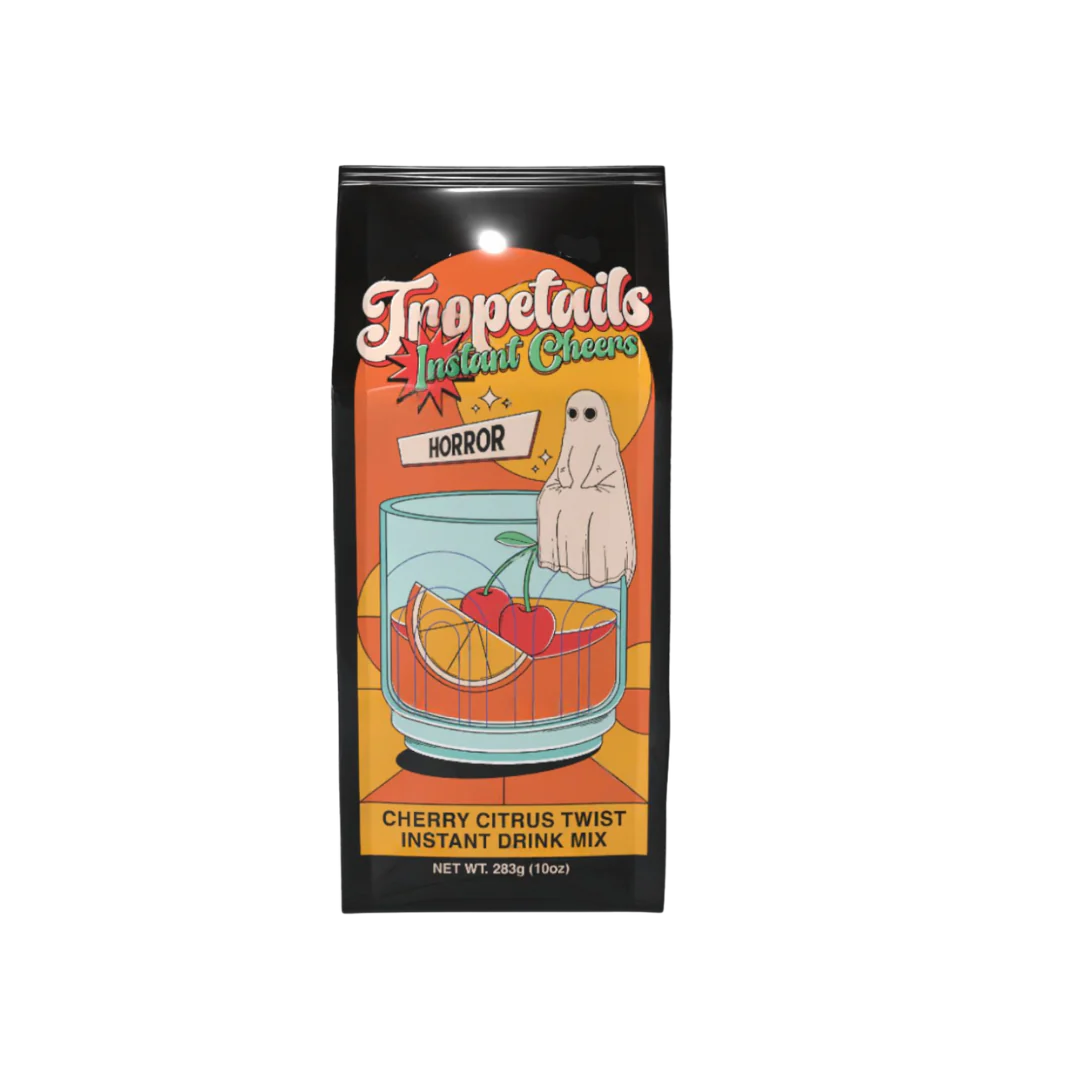 Tropetails Instant Cheer drink mix package with a ghost hand reaching into a glass of fruit.