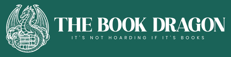 White logo of 'The Book Dragon' with a dragon illustration on a green background. Tagline is 'It's not hoarding if it's books.'