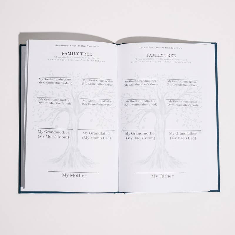 Open book with family tree diagram on a white background