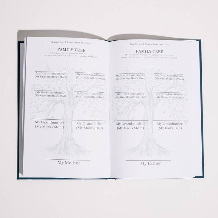 Open book with family tree diagram on a white background