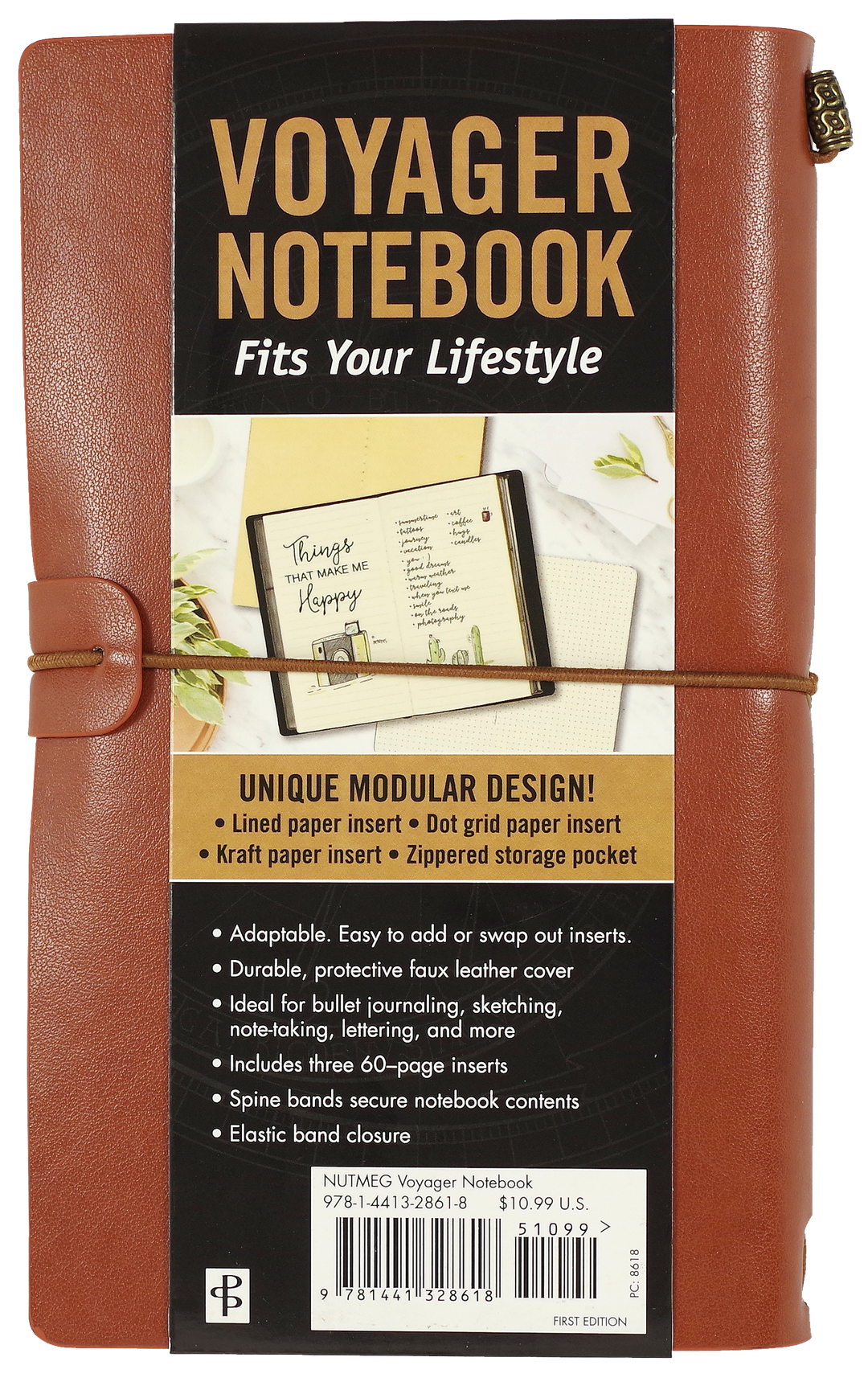 Voyager Notebook packaging with brown leather cover and black label detailing features.