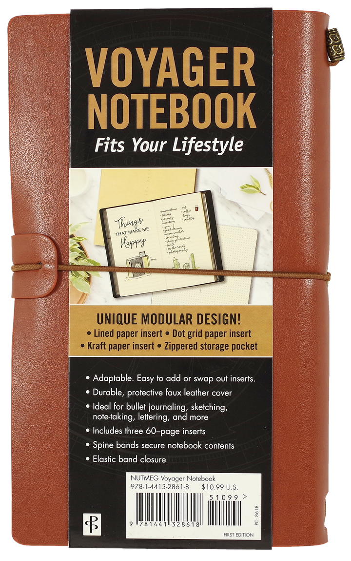 Voyager Notebook packaging with brown leather cover and black label detailing features.