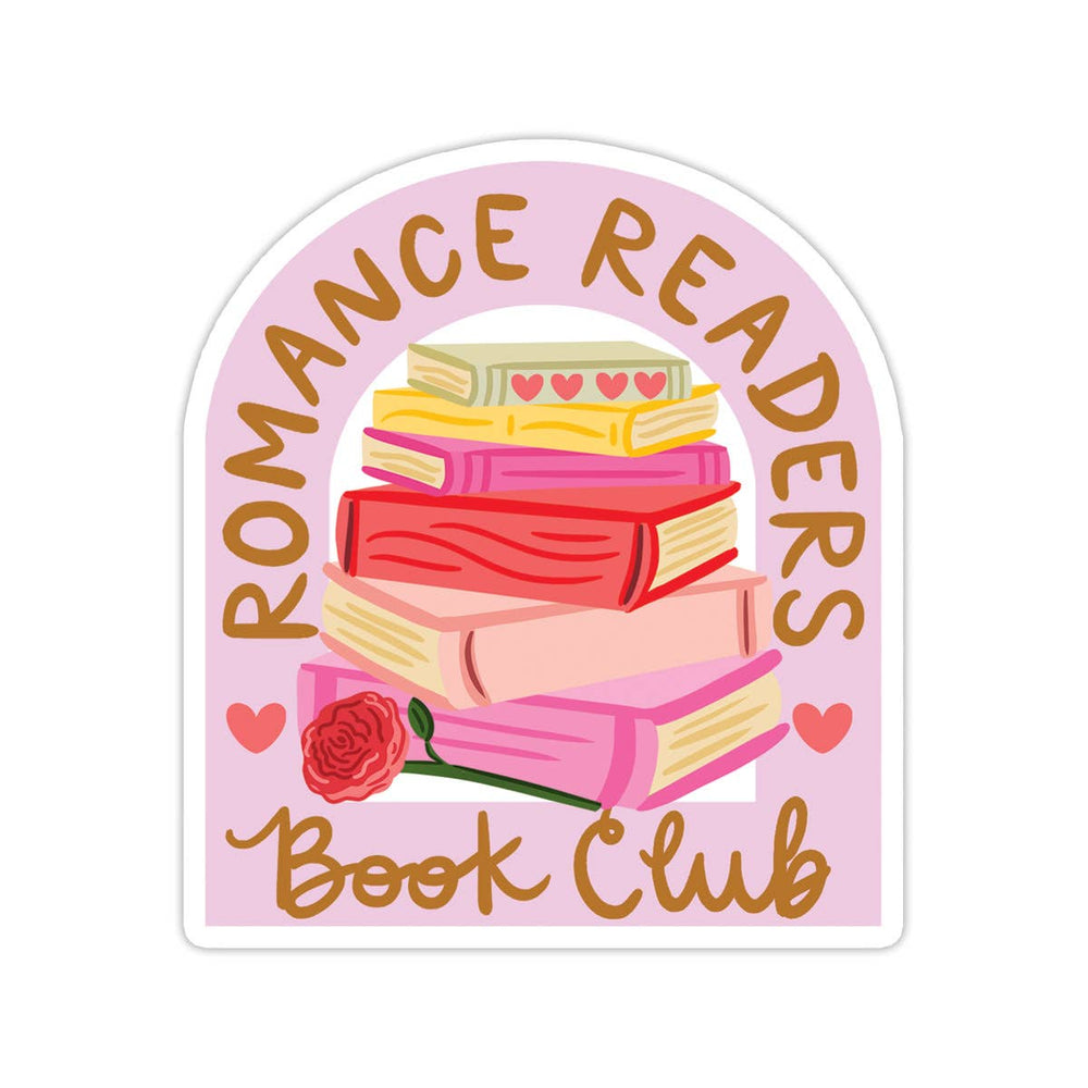 Sticker with books and a rose, featuring 'Romance Readers Book Club' text on a pink background.
