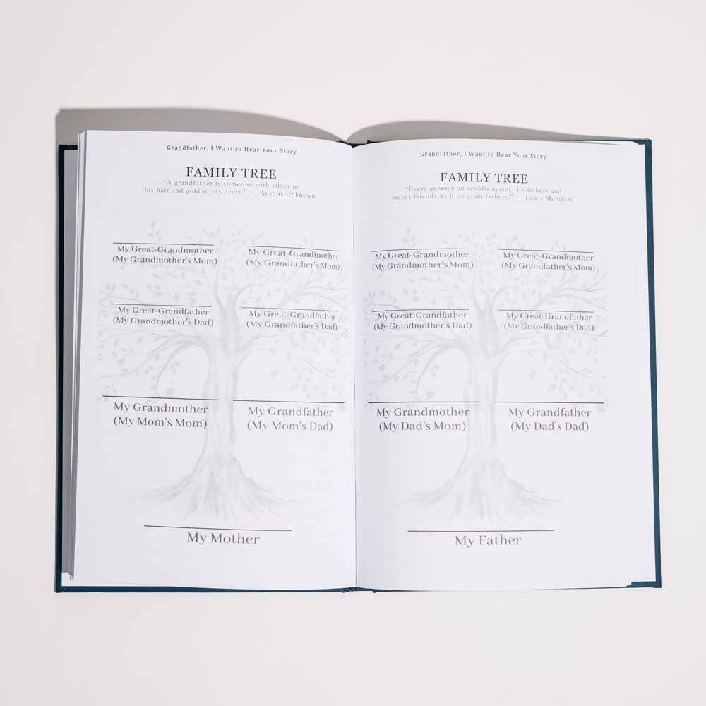Open book with family tree diagram on a white background