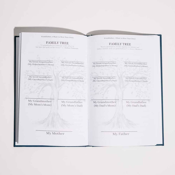 Open book with family tree diagram on a white background