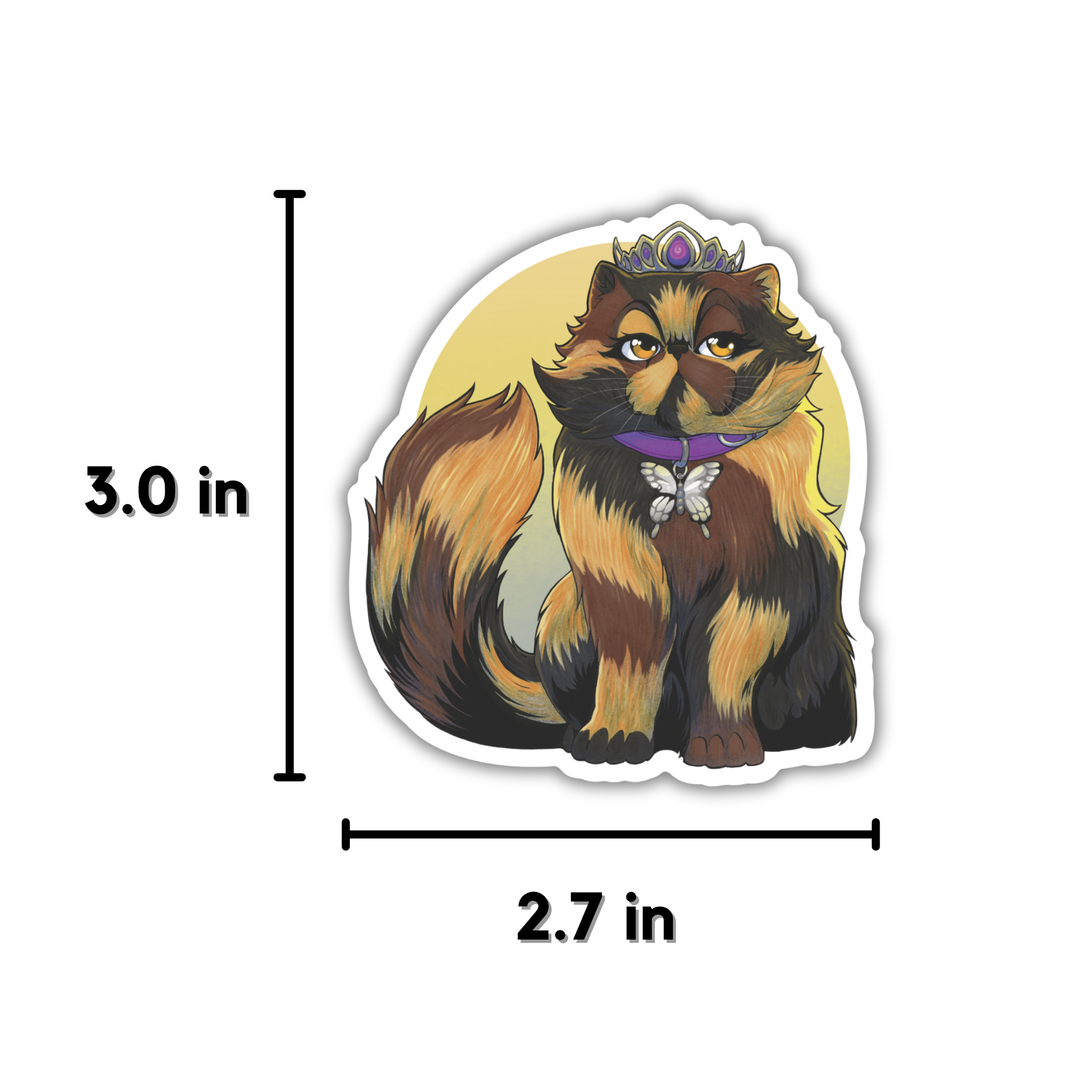 Sticker of a stylized cat with a crown and purple bow, with dimensions indicated.