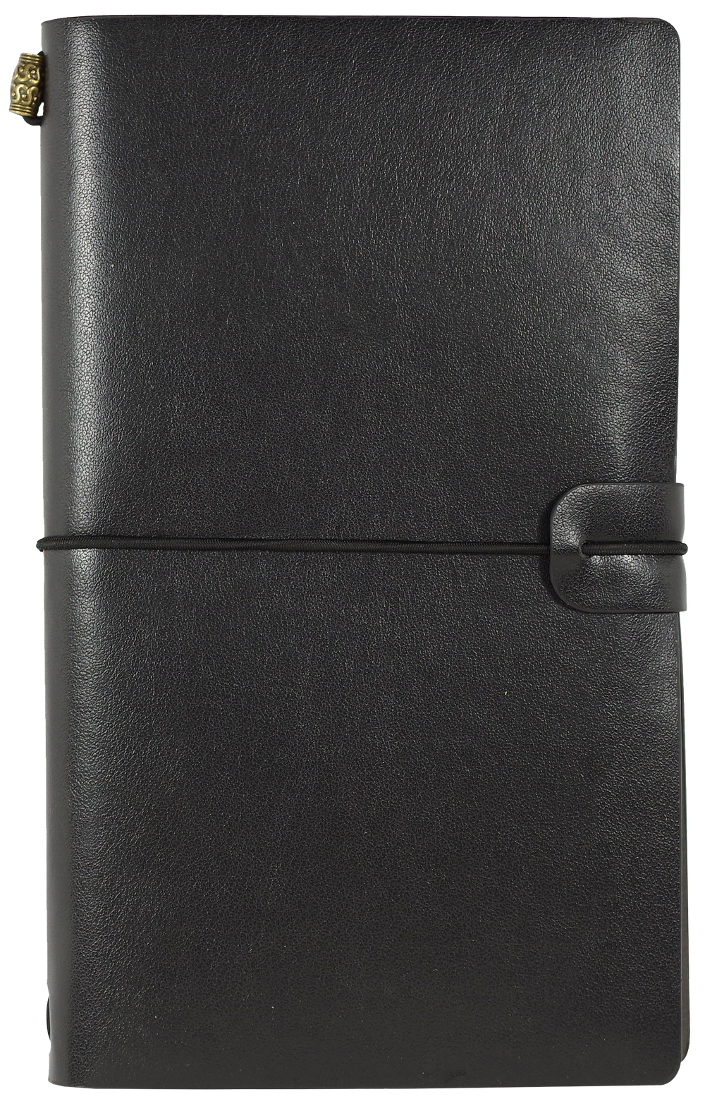 Black leather notebook with a strap closure on a white background