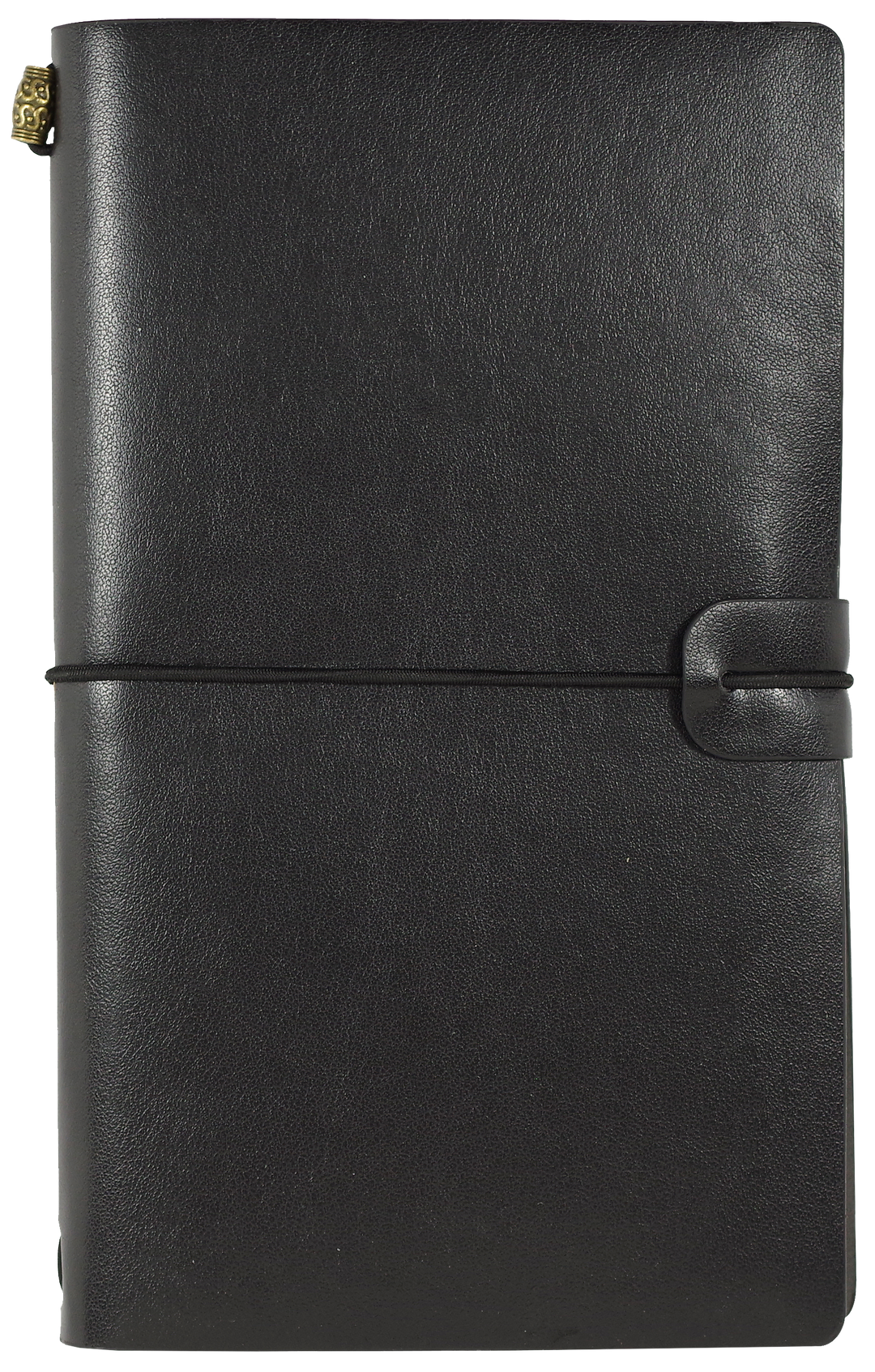 Black leather notebook with a strap closure on a white background