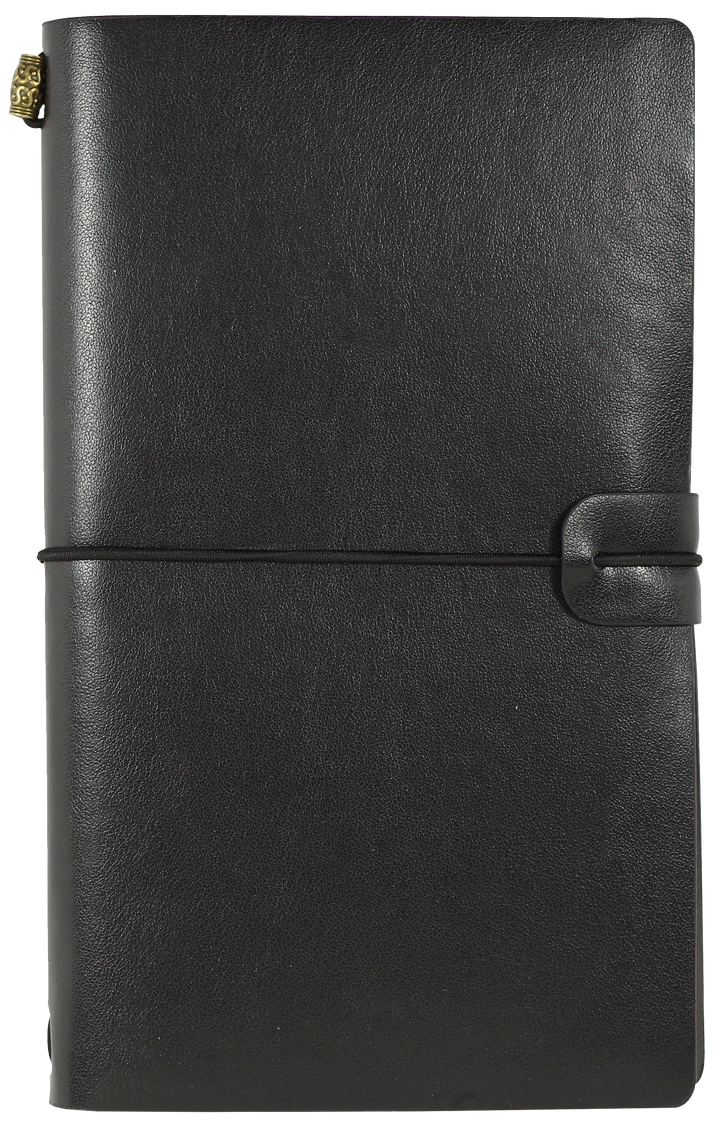 Black leather notebook with a strap closure on a white background