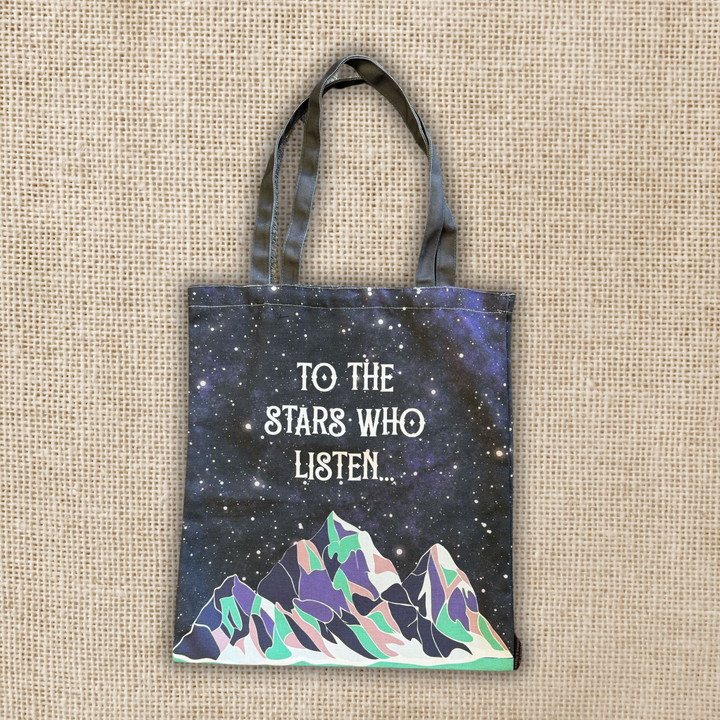 Tote bag with mountain design and text &