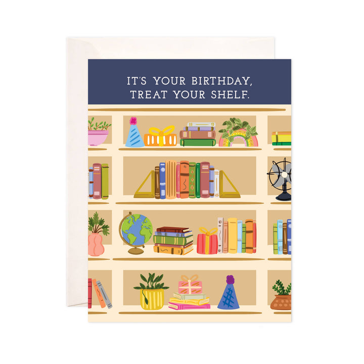 Greeting card with a bookshelf illustration and birthday message on a white background. Text reads &