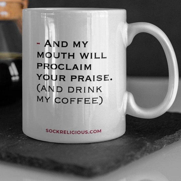 White mug with text &