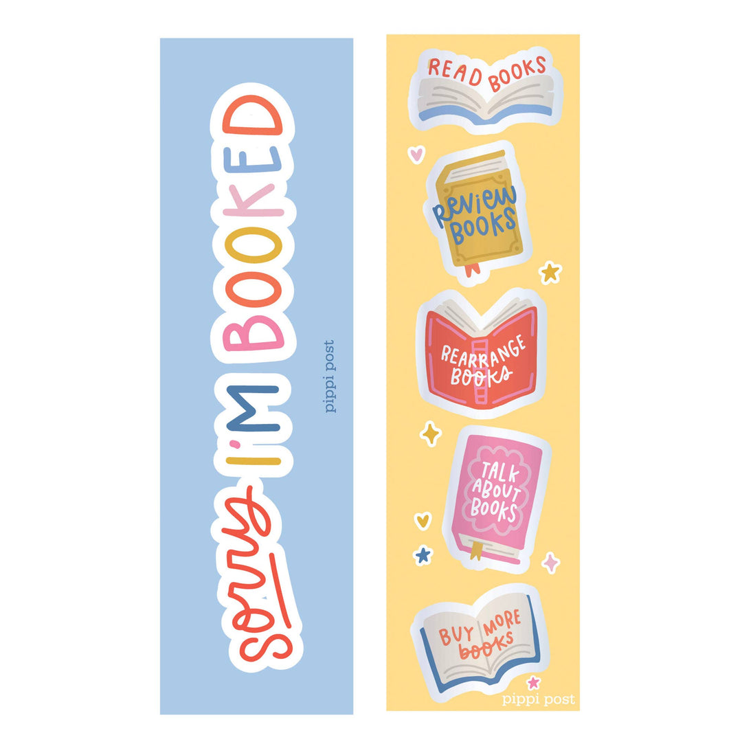 Two colorful bookmarks with text and book illustrations on a white background