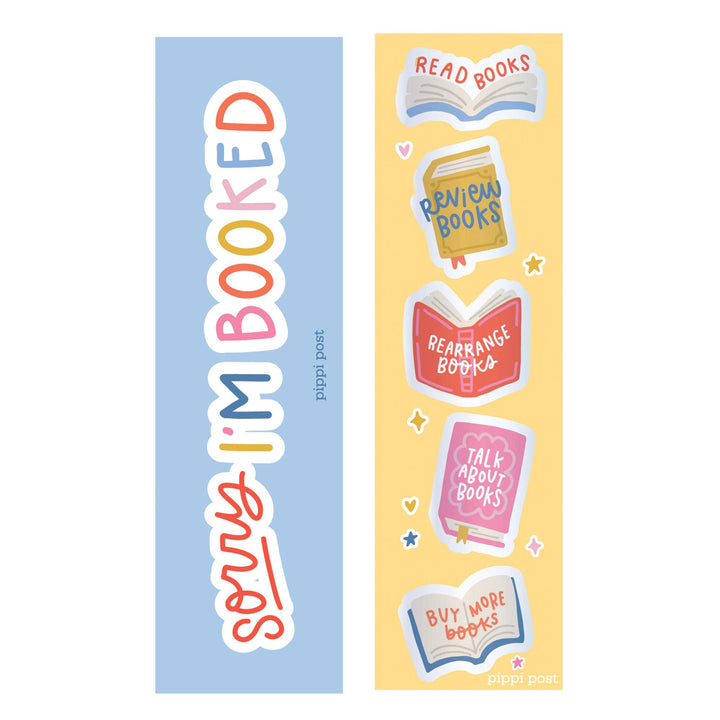 Two colorful bookmarks with text and book illustrations on a white background