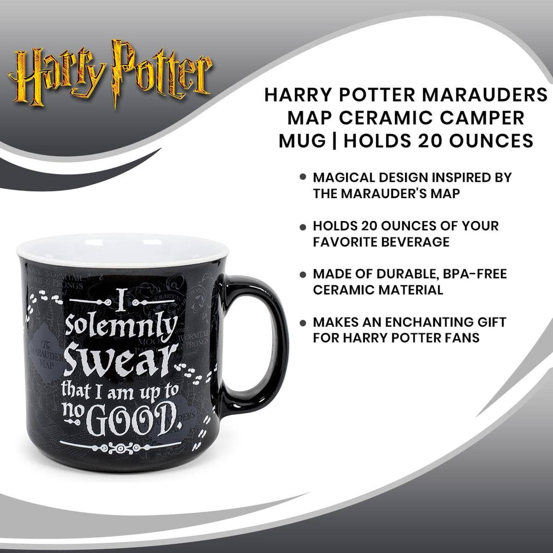 Harry Potter-themed ceramic camper mug with text and design, on a gray and white background.