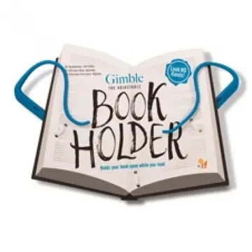 Book holder with blue handles on an open book