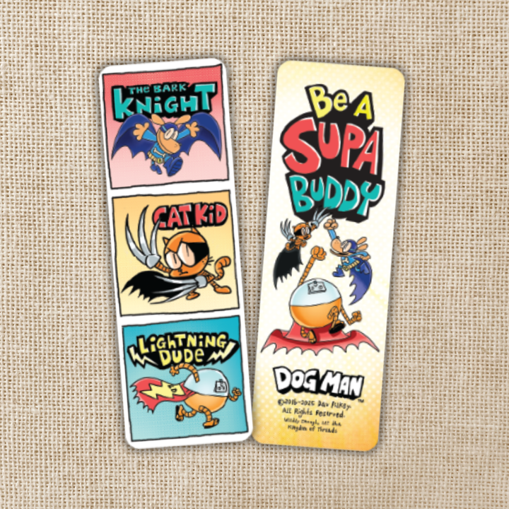Four colorful bookmarks featuring cartoon characters on a textured beige background.