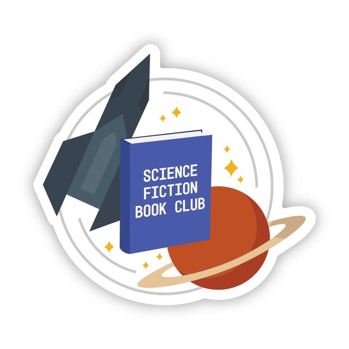 Sticker with a blue book titled &