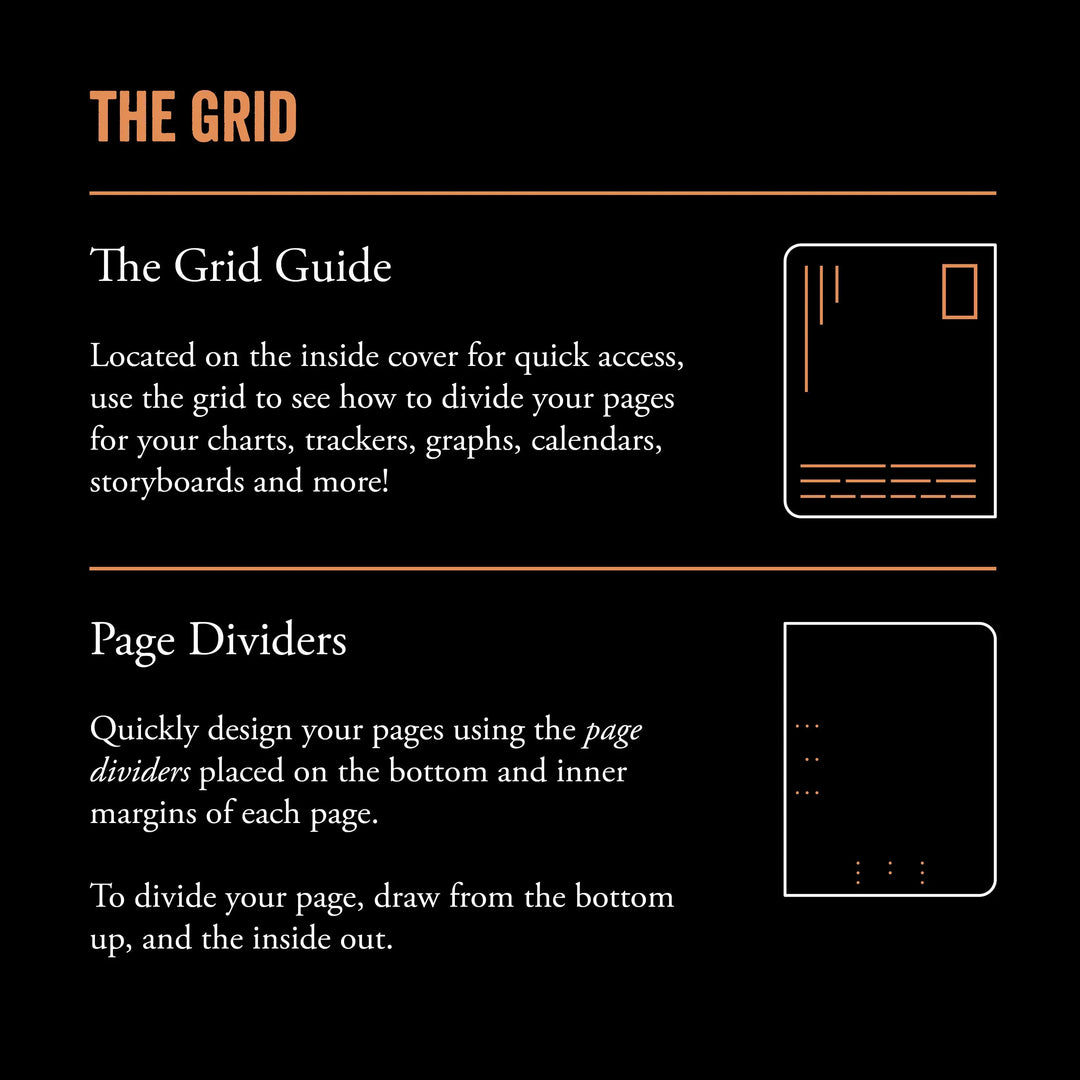 Instructions on using a grid and page dividers for design purposes on a black background.