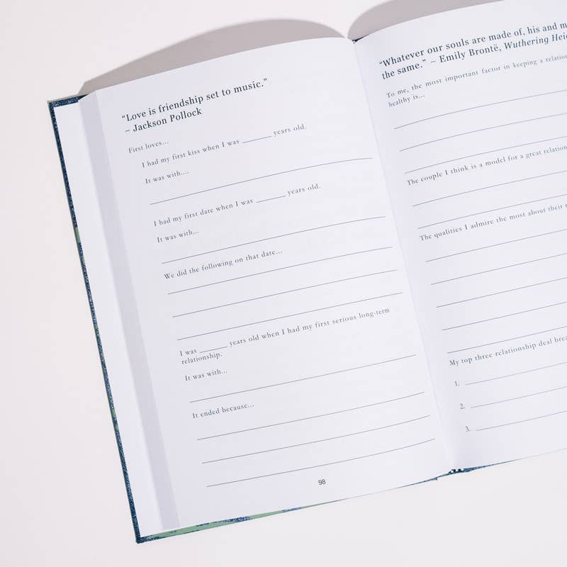 Open book with questionnaire-style pages on a light background
