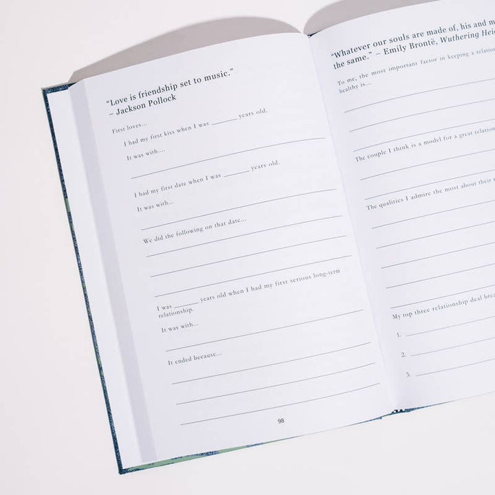Open book with questionnaire-style pages on a light background