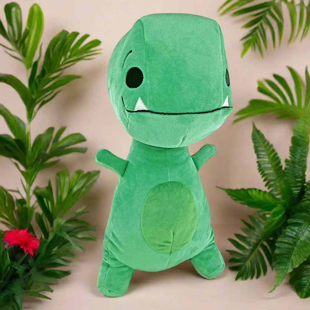 Green plush toy dinosaur with leafy plants in the background