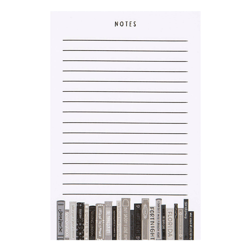 Notepad with lined pages and a design of books at the bottom on a white background
